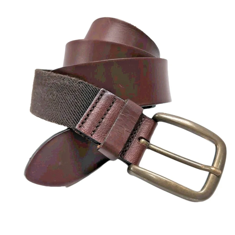LL Bean Belt Mens 40 Brown Full Grain Leather Brass Buckle Stretch Insert 509490